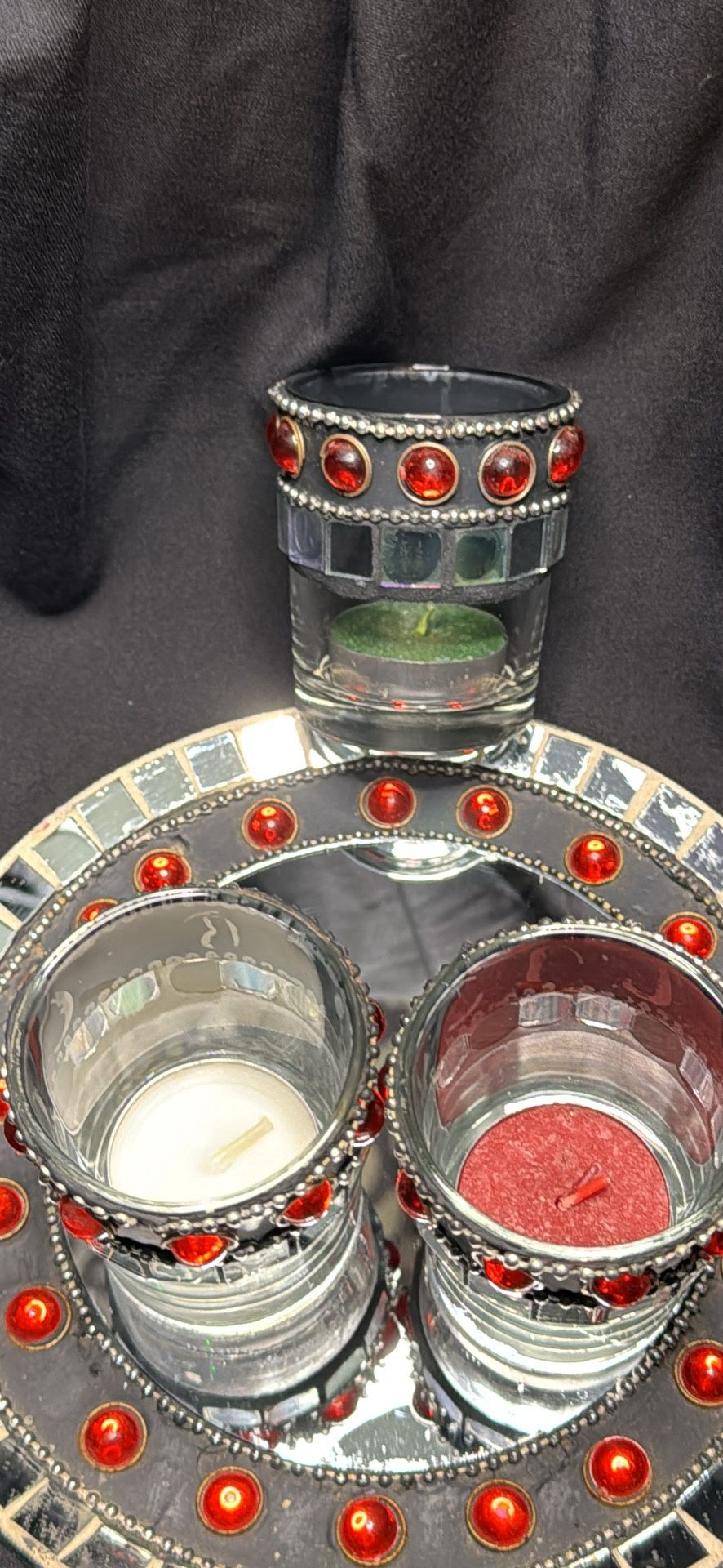 Mirrored Glass Candle Holder Set with Red Gem Accents – Elegant Home Décor Trio