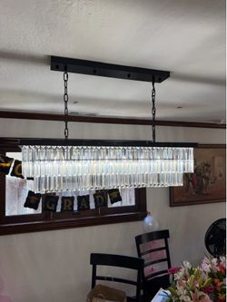 7PM 40 inch Crystal Chandeliers for Dining Room, Black Modern Rectangle Crystal Chandelier, Dining Room Light Fixtures Over Table for Living Room Dini