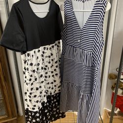 Navy Blue Striped Day Dress With Black And White Flowers In Opposite Colors 