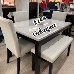 ✅️✅️ 5 pc dark finish wood faux marble top  rectangular dining table set with bench ✅️✅️