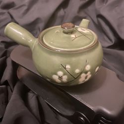 Japanese Ceremonial Tea Pot With Lid Avocado Green With White Sakura Flowers
