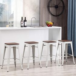 Alunaune 24" Metal Bar Stools Set of 4 Industrial Backless Counter Height Barstools Kitchen Patio Stool Stackable with Wooden Seat- White