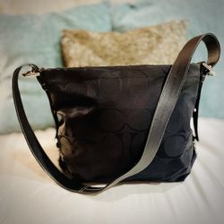 COACH Signature Black Canvas Leather Crossbody Hobo Shoulder Bag 