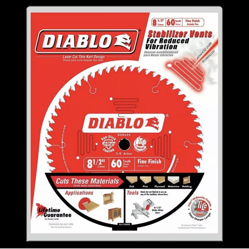 Diablo D0860S 8-1/2 Inch x 60 Tooth Fine Finish Slide Miter Saw Blade