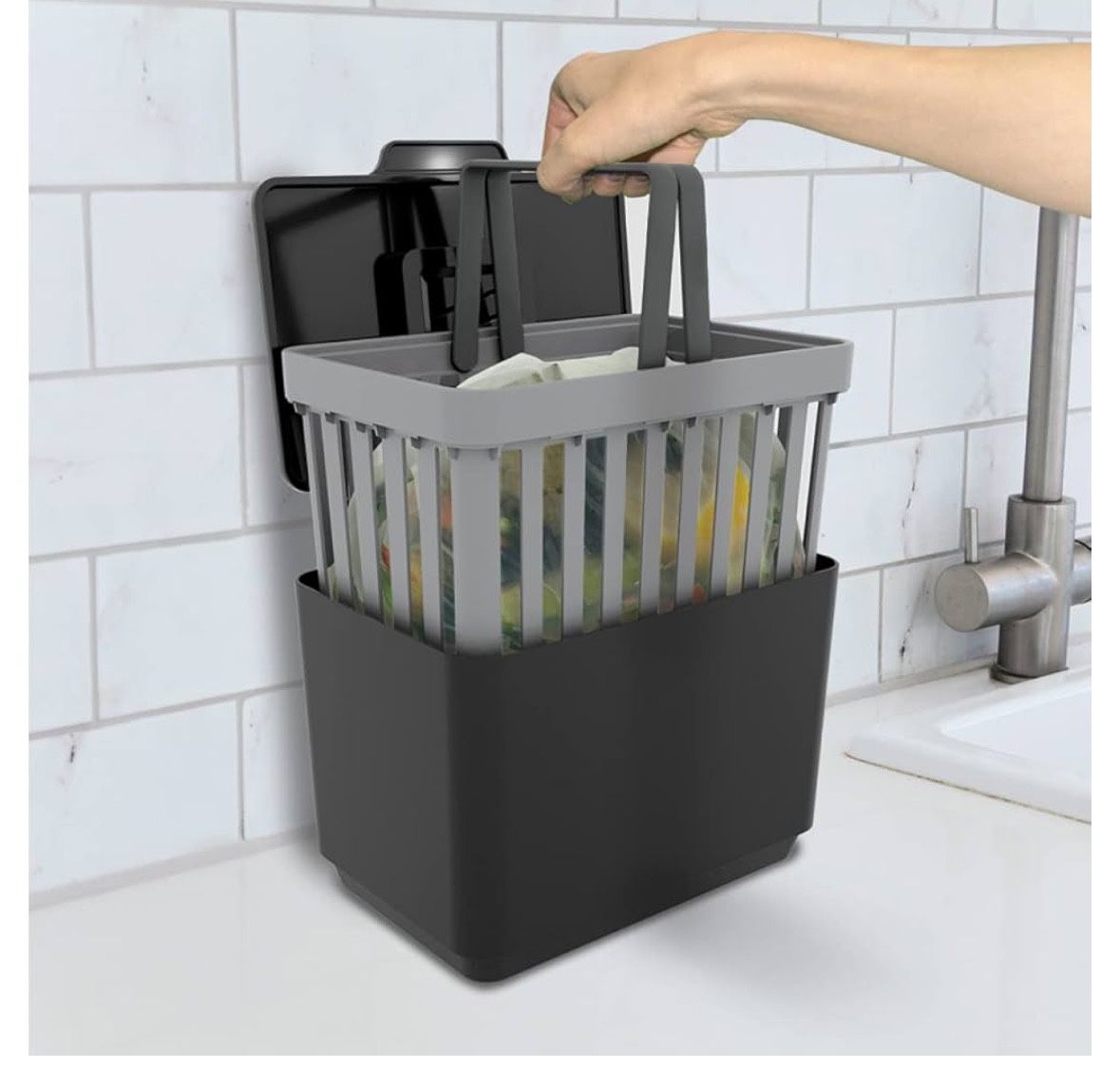 GLAD Compost Bin for Kitchen, 1.5 Gallon | Plastic Container with Removable Inner Basket, Bag Storage Holder, and Carbon Odor Blocking Filters, Gray