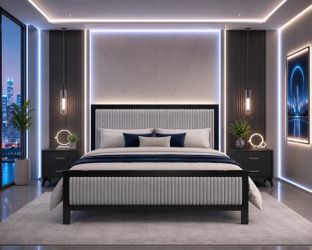 Queen Size Upholstered Bed with Fluffy Soft Headboard, Grey+Black Frame.