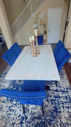 VALENTINO BLUE DINING SET (REAL MARBLE) TABLE & 6 CHAIRS