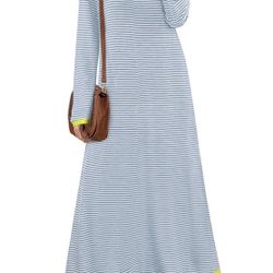 MEROKEETY Women's Striped Long Sleeve Maxi Tshirt Dress Casual W/Pockets Blue S
