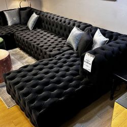 LH 👉$39 Down Payment  For Financing 👉 Black Velvet Tufted Upholstered Oversized Sectional Couch With Double Chaise