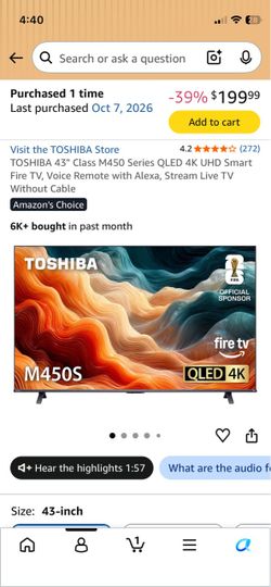 NEW TOSHIBA 43" Class M450 Series QLED 4K UHD Smart Fire TV, Voice Remote with Alexa, Stream Live TV Without Cable