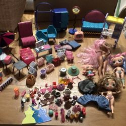 lol Surprise Doll Mansion Furniture Lot With Dolls Clothes Accessories Chair Umbrella Bags