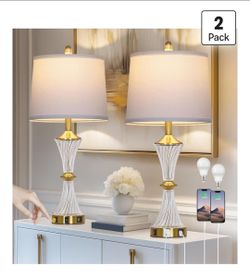 Crystal Glass Table Lamp Set of 2 with USB C+A Ports & AC Outlet, White Lamp, Modern Bedroom Lamps