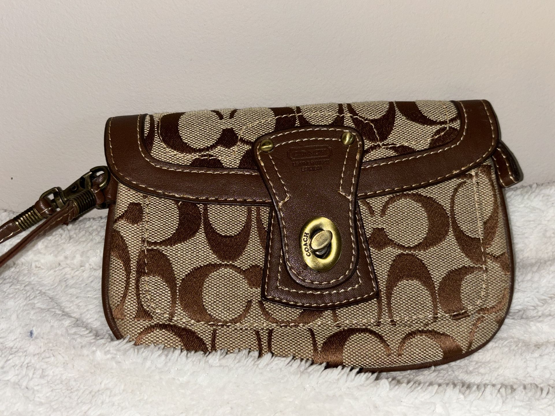 Coach Signature Logo Mini Wristlet in Brown Canvas and Leather