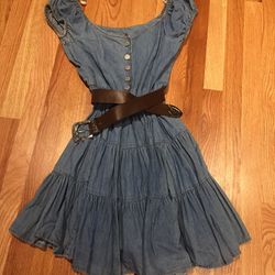 1990s Vintage Blue Denim On/Off The Shoulder Mini Dress