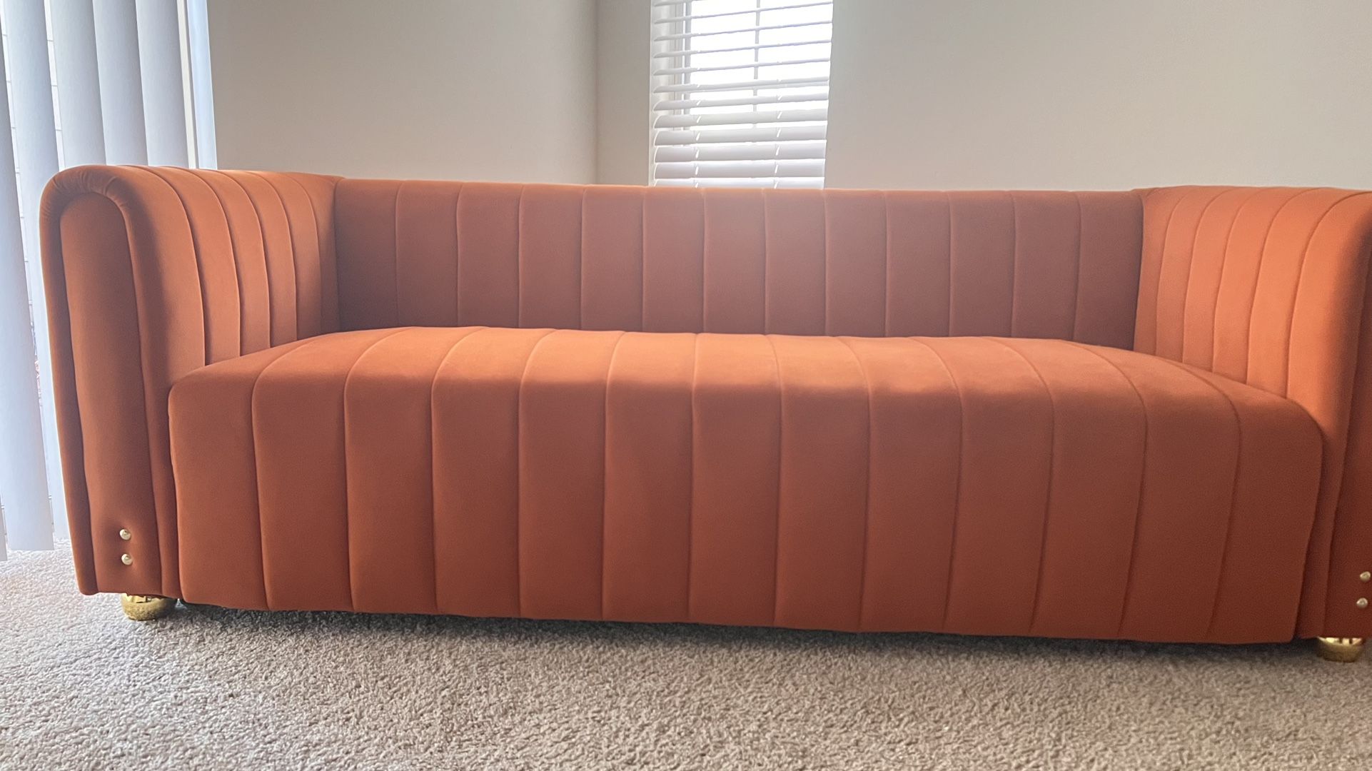 Orange Velvet Couch with Gold Legs