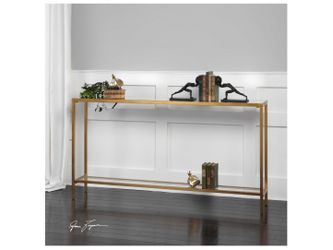 Lulu and Georgia Hasina Console Table – Mirrored Top, Glass Shelf, Brushed Gold Metal Frame, Modern Glam Entryway or Sofa Table – Newly Assembled
