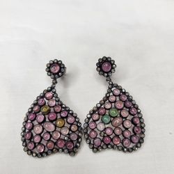 Genuine Diamond And Tourmaline Silver Earrings 