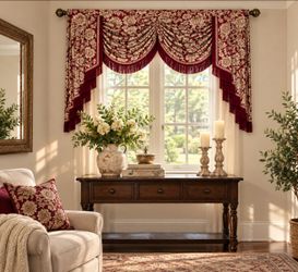 Loom & Mill Waterfall Valances – Set of 2 – Rusty Red Floral – Like New