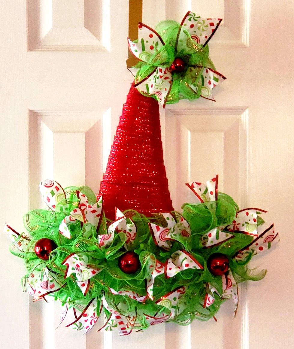 Handmade Christmas Deco Mesh Wreath Santa/Elf Hat