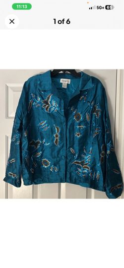 Chadwicks 100% Silk Teal Vintage Beaded  Embroidered Jacket Size 16