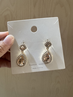 Champagne Teardrop Crystal Dangle Earrings – Rhinestone Halo, New