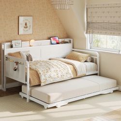 *NEW* White Daybed with Pull-Out Trundle and Storage Headboard