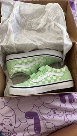 Vans Old Skool V Kids Green Checkerboard Shoes – Size 1.5