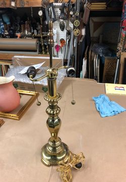 Vintage polished golden brass table lamp double lamp pillar 27”