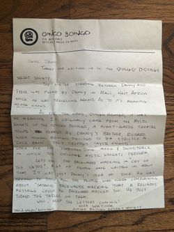 Super Rare Vintage Oingo Boingo Secret Society  Hand Written Letter From 1984!