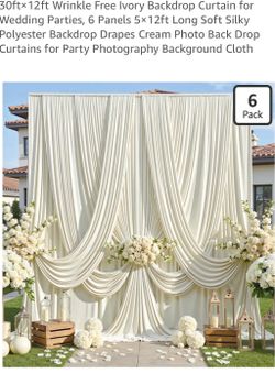 30ft×12ft Wrinkle Free Ivory Backdrop Curtain for Wedding Parties, 6 Panels 5×12ft Long Soft Silky Polyester Backdrop Drapes Cream Photo Back Drop Cur