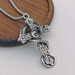 double side dragon skull Cross necklace titanium steel sliver 27.55 inches chain