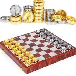 2-in-1 Metal Chess and Checkers Set, Luxury Wooden Foldable Chessboard
