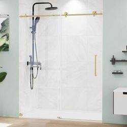 Frameless Shower Door 56-59" W x 75" H, Sliding Shower Door with SGCC Tempered Ultra-Clear Glass, Gold Shower Door with Stainless Steel Handle and Sid