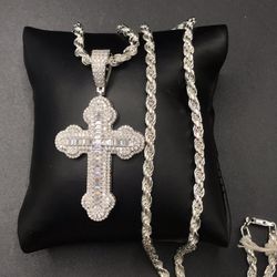 925 Sterling Silver 3.63CT Moissanite Cross Pendant Men’s Necklace Size 24”