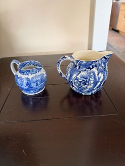 Antique vintage Blue and White Ceramic Pitcher and Creamer Set