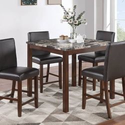 💫 High Dining Set 5 Pcs, Brown Finish Faux Marble Top Square