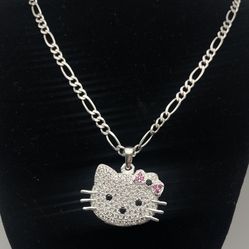 Solid 925 Sterling Silver Hello Kitty Pendant with 4mm Figaro 20in Chain