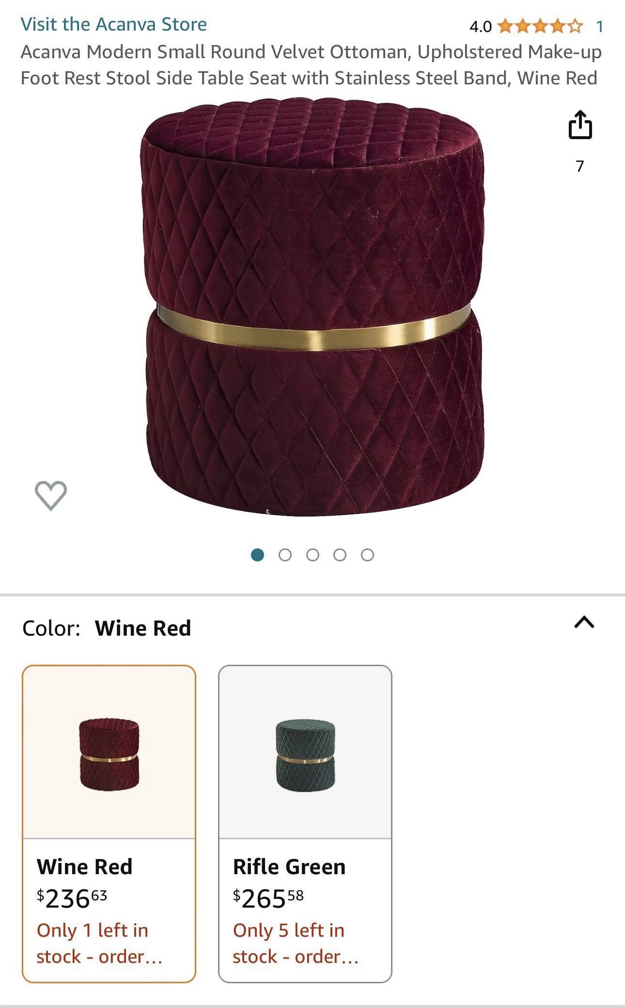 Acanva Modern Small Round Velvet Ottoman, Upholstered Make-up Foot Rest Stool Side Table Seat with Stainless Steel Band, Wine Red