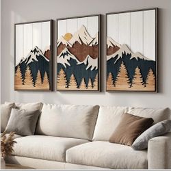 Framed Textured Wood Mountain Wall Art for Living Room, Large 3 Piece 3D Wood Farmhouse Artwork for Walls, Boho Landscape Mountain Forest Sun Wall Art