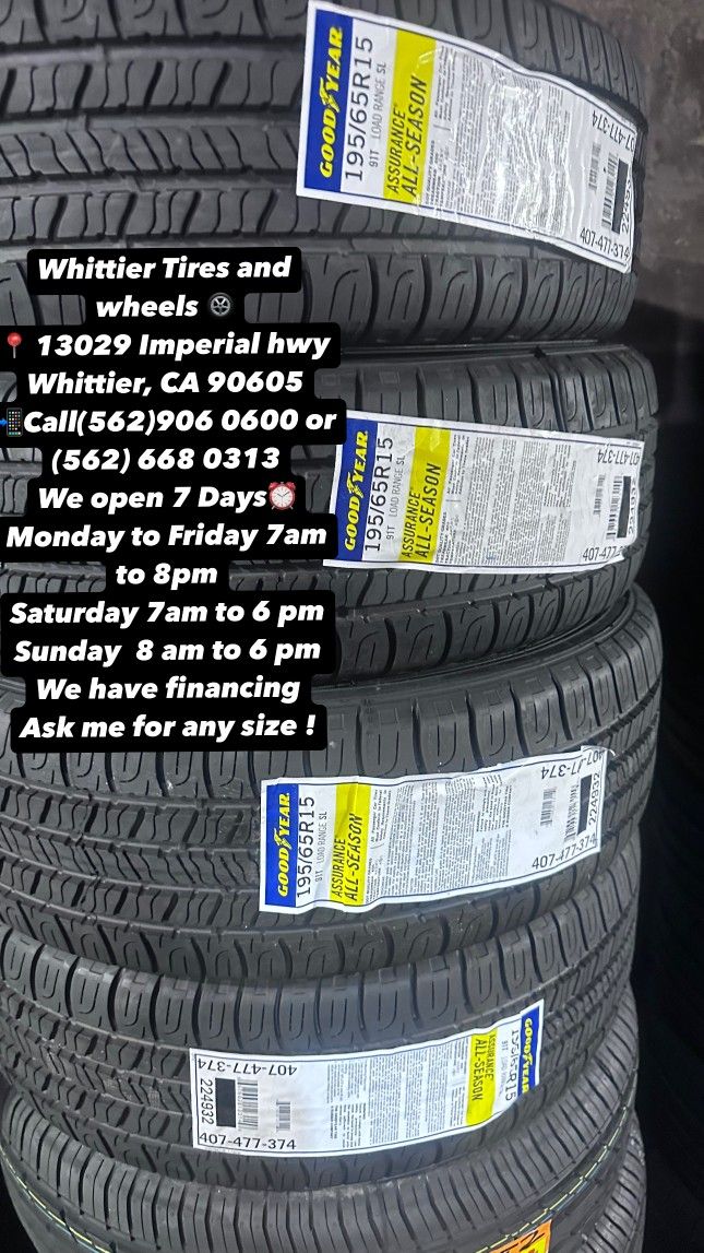 SET OF NEW TIRES, 195/65R15 GOODYEAR ASSURANCE ALL SEASON, INCLUDING MOUNTING AND BALANCING. ASK ME FOR ANY SIZE OR BRAND, WE HAVE THE BEST PRICES OF 