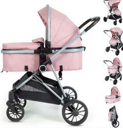 2-in-1 Baby Stroller with Bassinet Mode - Folding Infant Newborn Pram with Reversible Seat - for 0-36 Months Baby Girl Pink