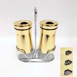 Brand New Gold Salt and Pepper Shakers with Stand