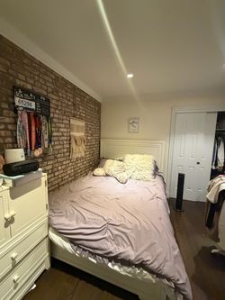 Queen bed frame and mattress with night stand