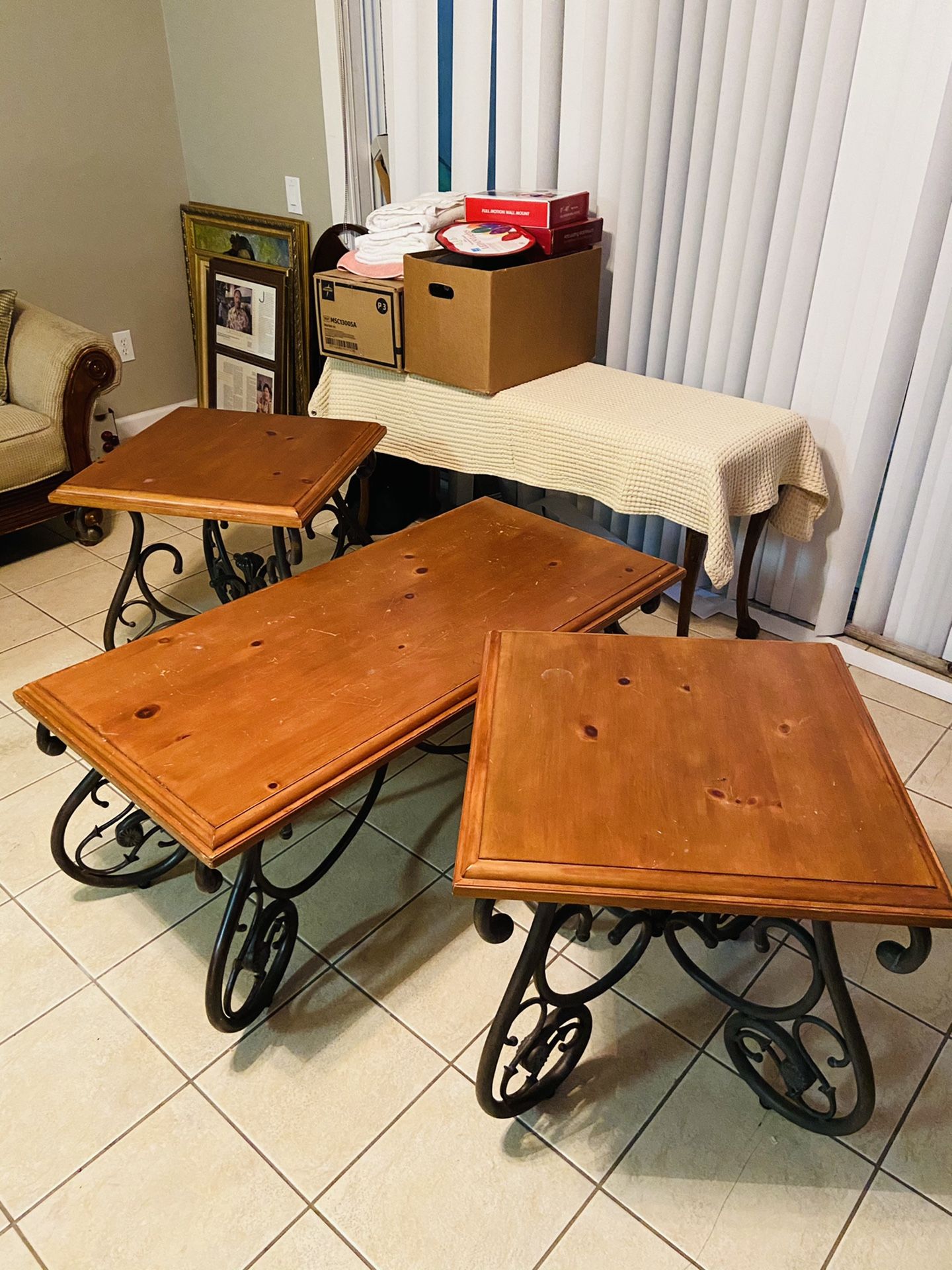 REAL WOOD coffee table + 2 end tables / night stands metal legs