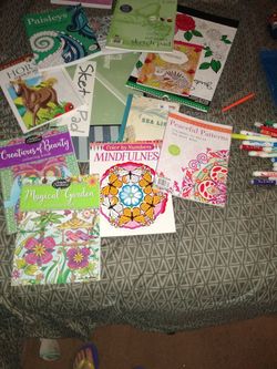 9 coloring books twenty colored gel pens fifty colored pencil and aprox 200 crayons