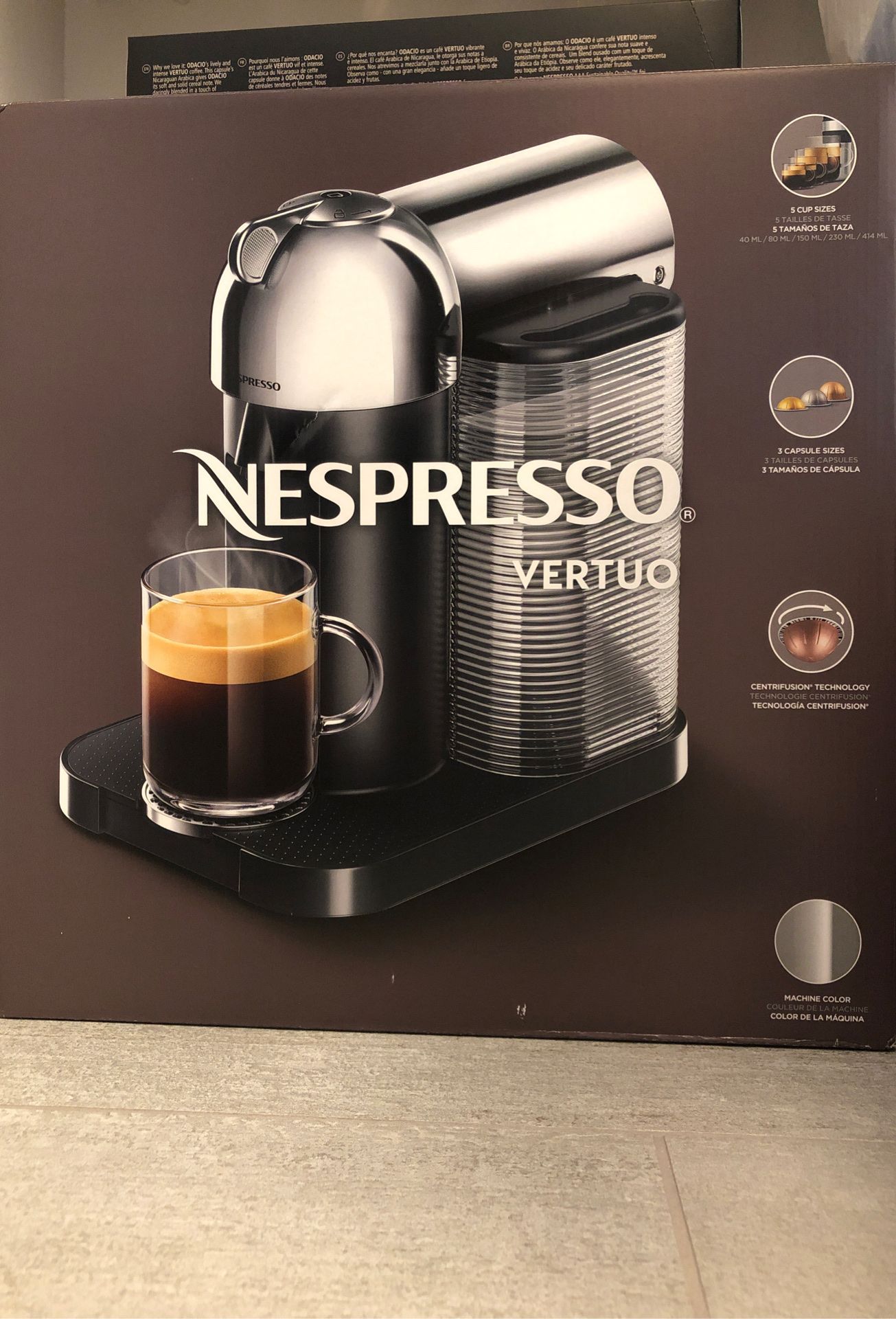 Nespresso Vertuo chrome coffee maker along with 20 capsules Box never opened brand new Sells for 199 +20 for capsules Great Xmas give to tha