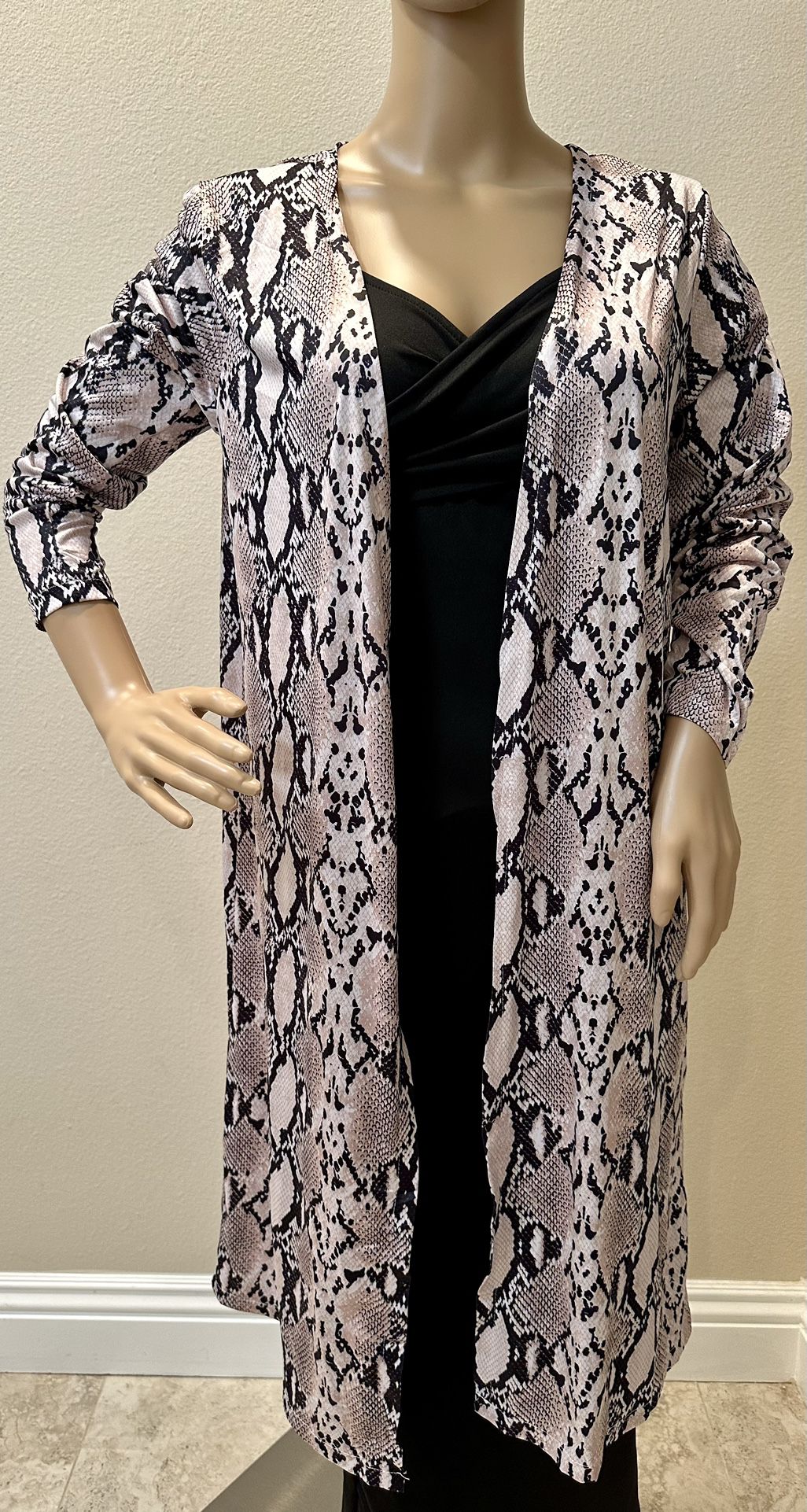 Snake Print Long Sleeve Cover Up Beach Dress Open Front Long Cardigan Size 6