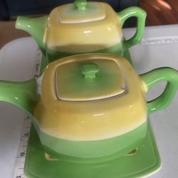 Tea pot set porcelain green yellow Vintage made in Germany