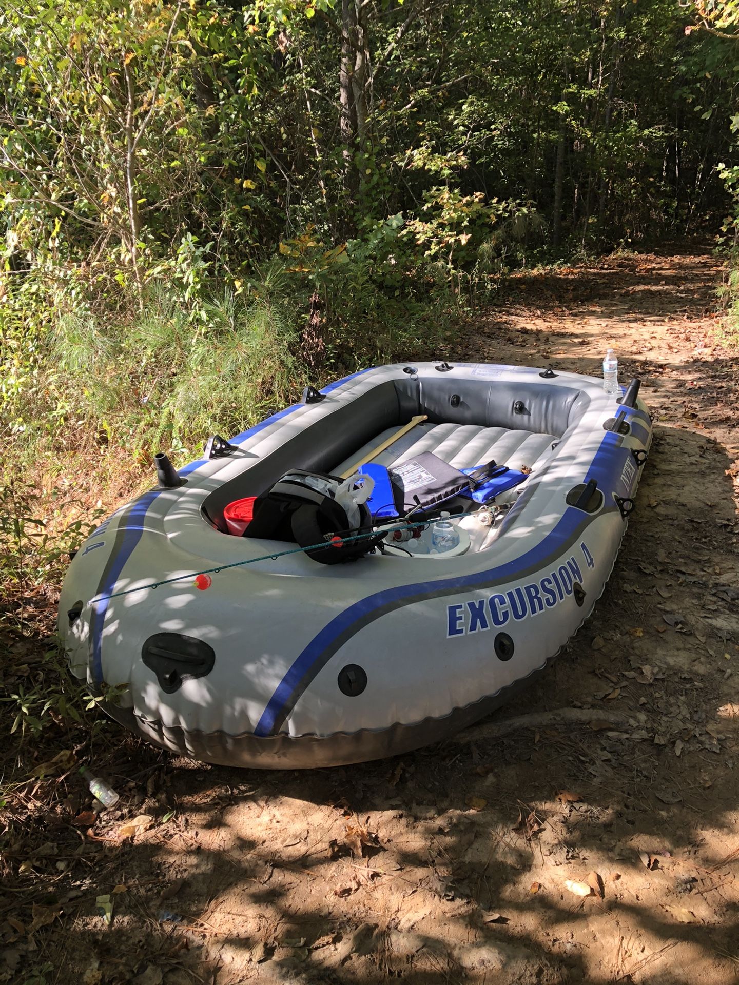 Inter Excursion 4 Inflatable Fishing Boat w/ electric pump. Floats great but has a slow leak near front. Will hold air for over an hour and a half be