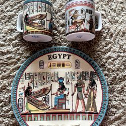 Ancient Egyptian Ceramic Plate and 2 Mugs